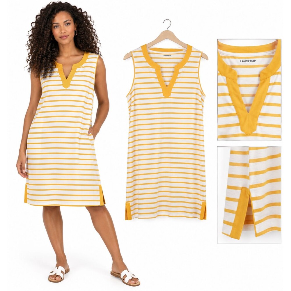 Lands End Notch Neck Dress Plus Size 1X Yellow White Striped Cotton Jersey